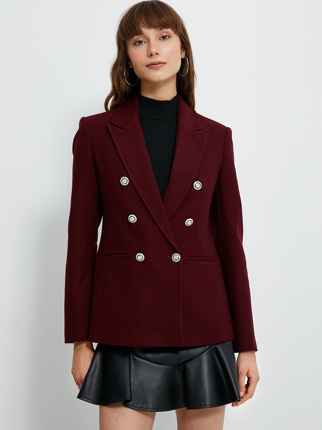

Koton Peaked Lapel Long Sleeves Double-Breasted Blazer, Maroon