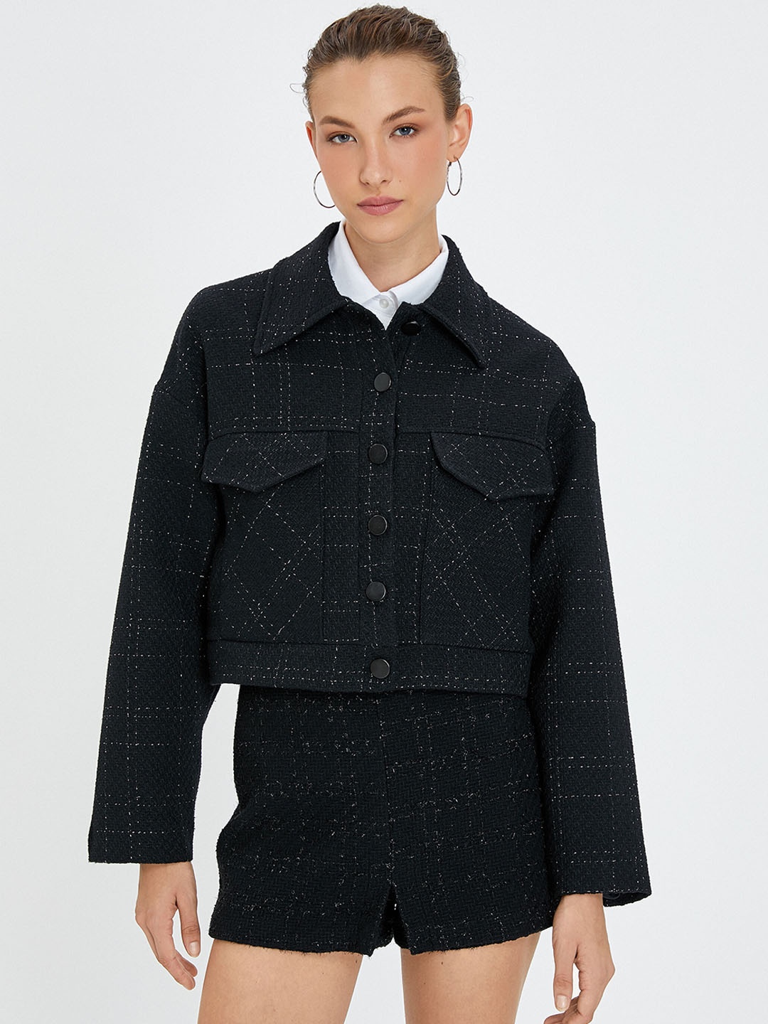 

Koton Geometric Printed Denim Jacket, Black