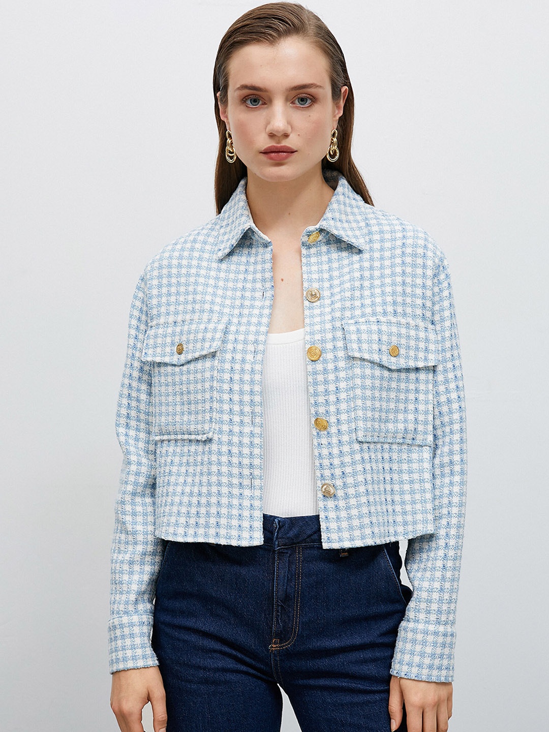 

Koton Checked Cotton Denim Jacket, White