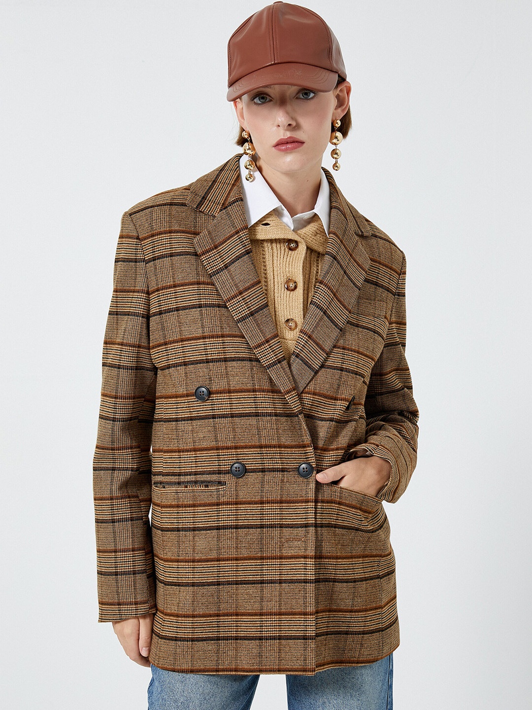 

Koton Checked Longline Tailored Jacket, Brown