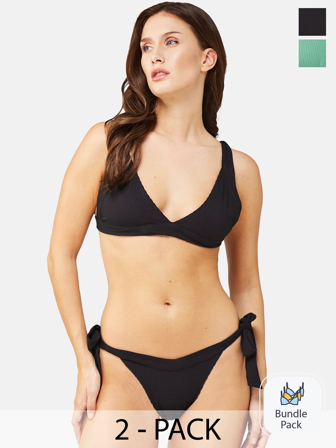 

SECRETS BY ZEROKAATA Pack Of 2 Assorted Ribbed Stretchable Swim Bikini Set