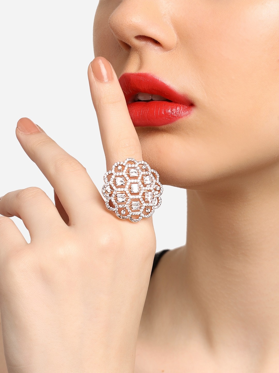 

Zaveri Pearls Rose Gold Plated Cubic Zirconia Studded Adjustable Finger Ring