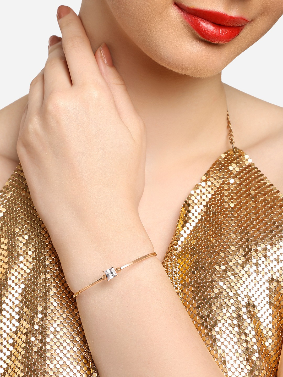 

Zaveri Pearls Women Rose Gold-Plated Cubic Zirconia Kada Bracelet