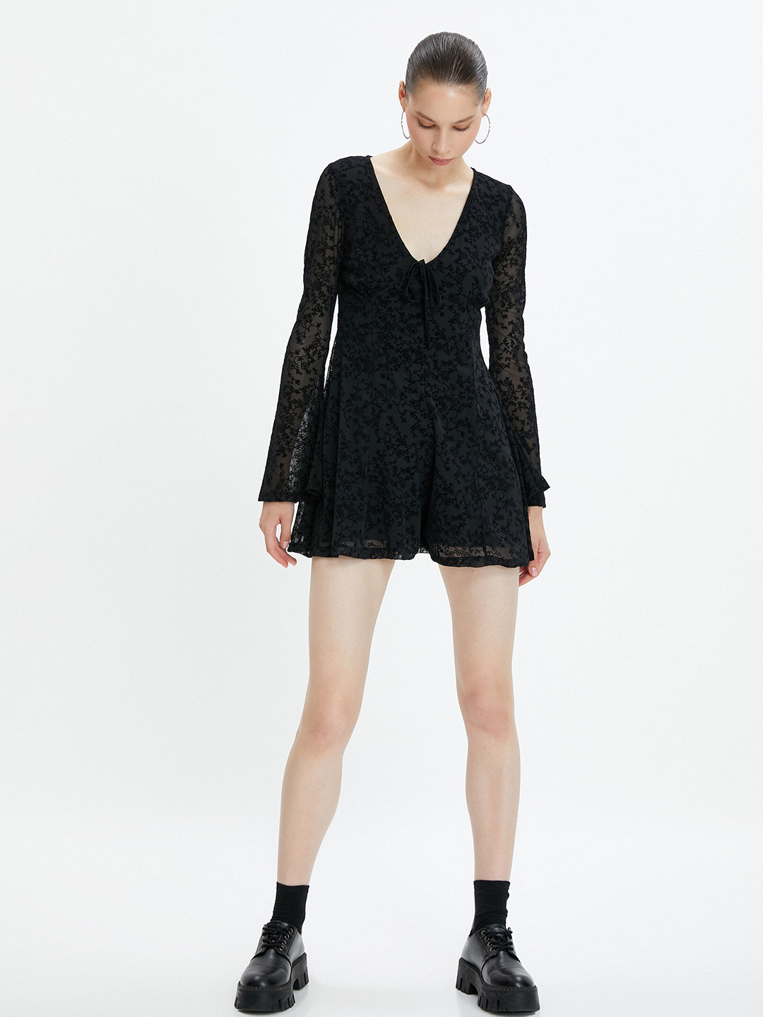 

Koton Self Designed V-Neck A-Line Mini Dress, Black