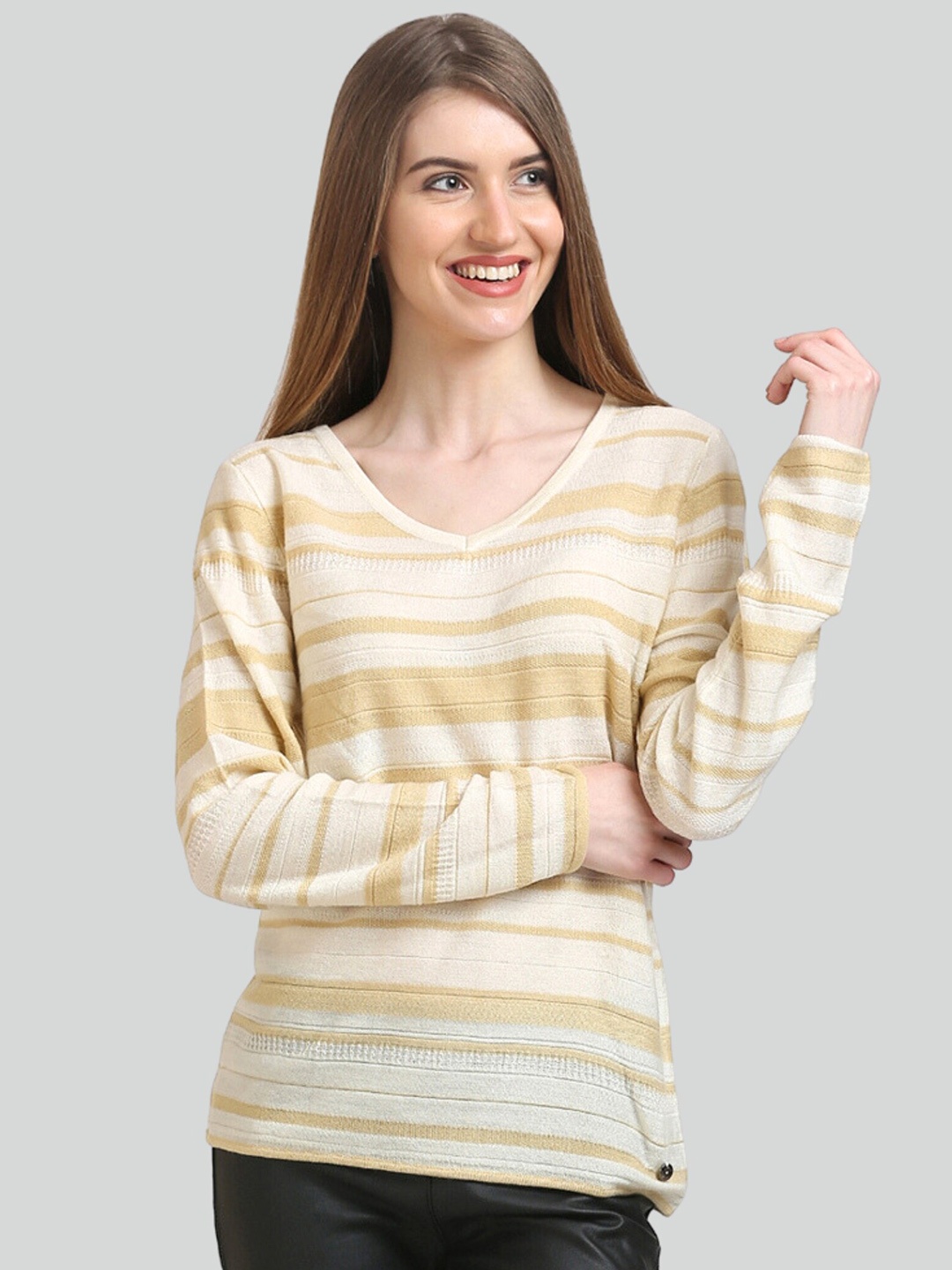 

Moda Elementi Striped Long Sleeves Pullover Sweater, Beige