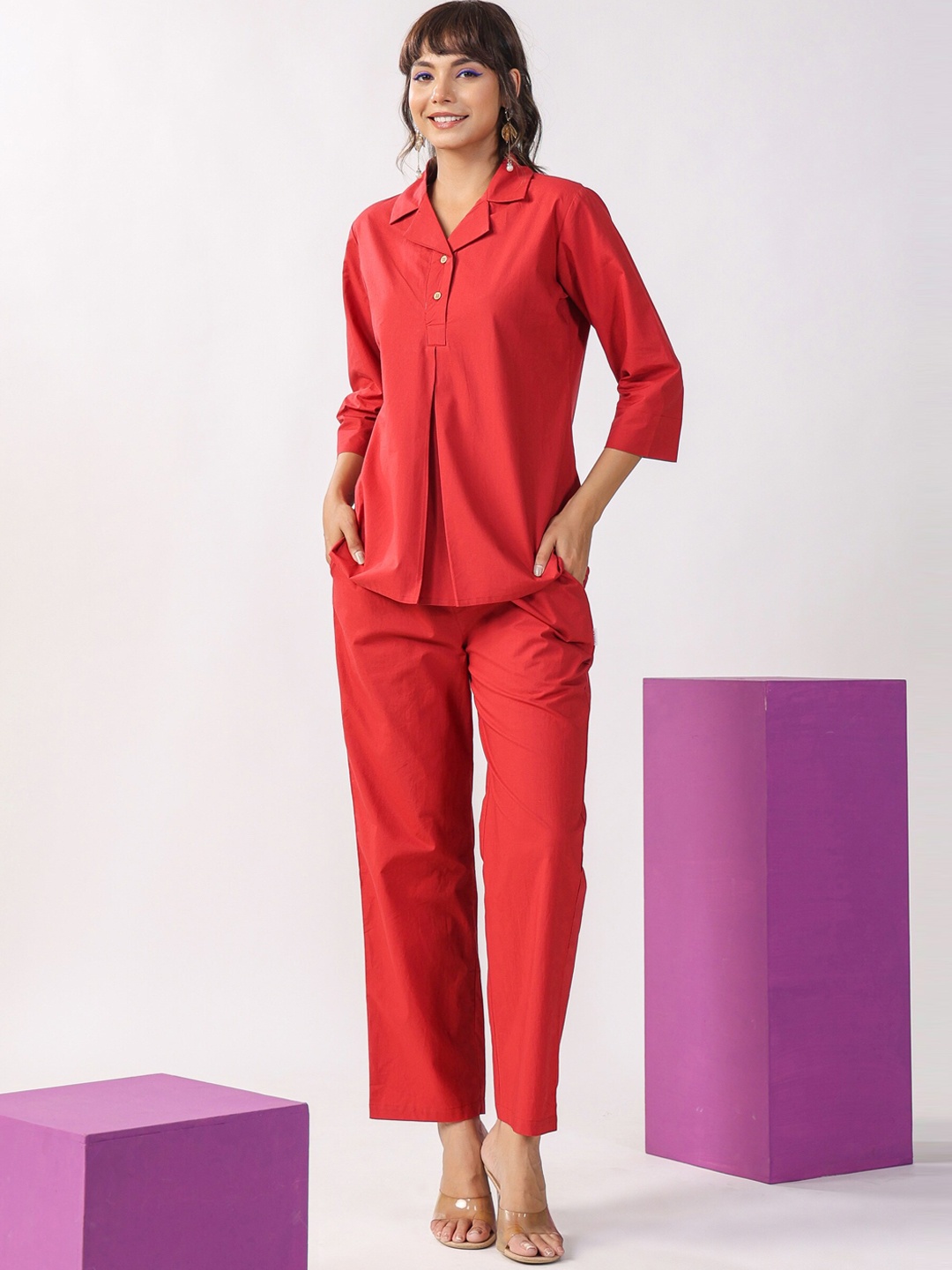 

JISORA Red Lapel Collar Pure Cotton Top With Trousers