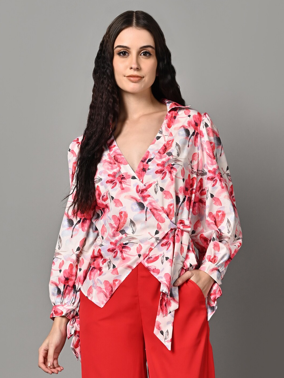 

Justin Whyte Floral Printed Shirt Collar Wrap Top, Pink