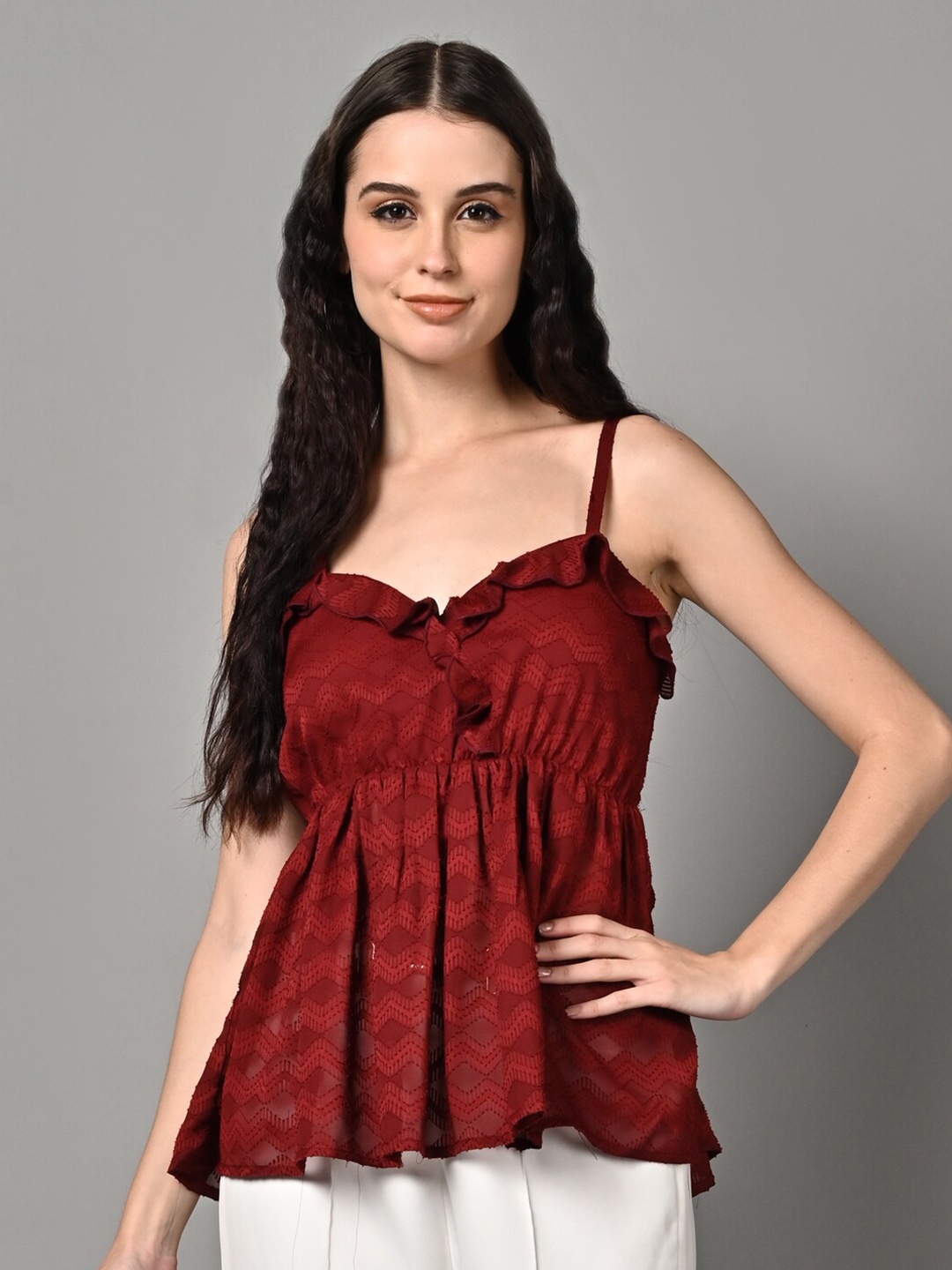 

Justin Whyte Self Designed Shoulder Straps Cotton Peplum Top, Maroon