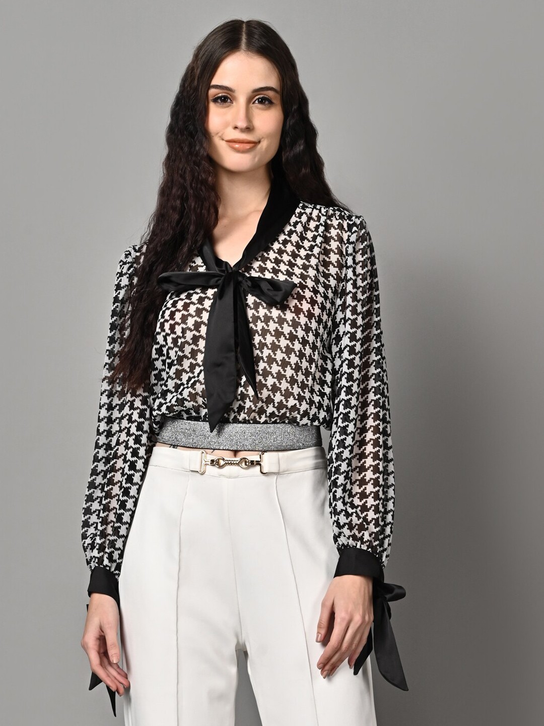 

Justin Whyte Checked Tie-Up Neck Chiffon Blouson Crop Top, Black