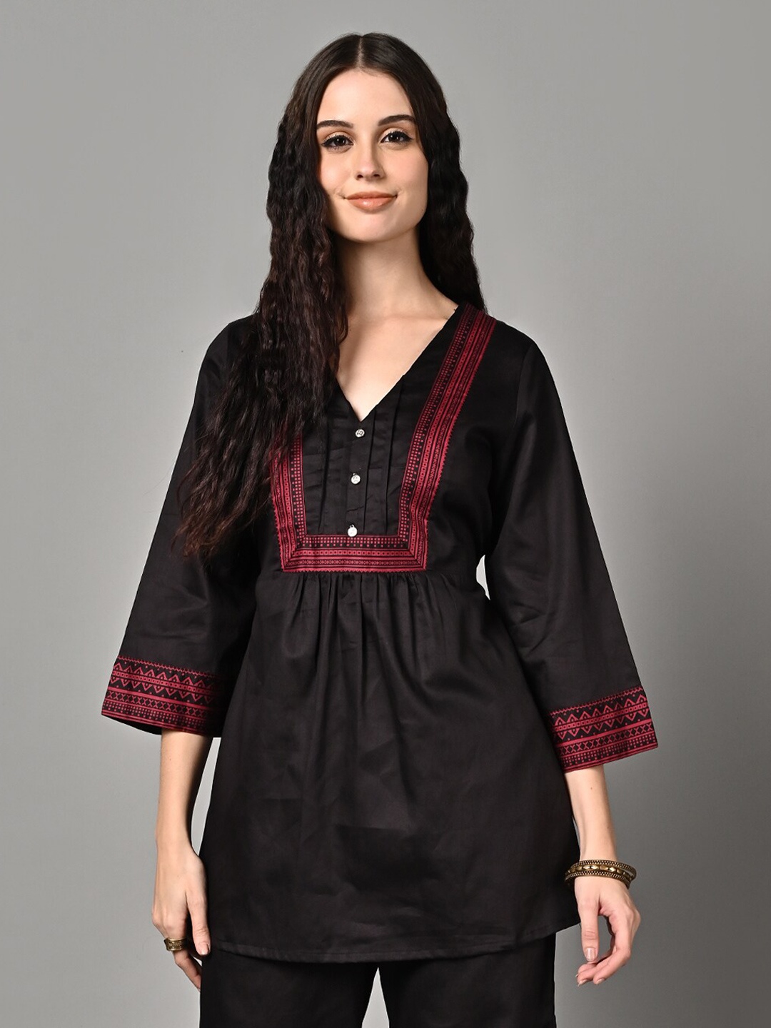 

Justin Whyte Ethnic Motifs Printed Cotton A-Line Top, Black
