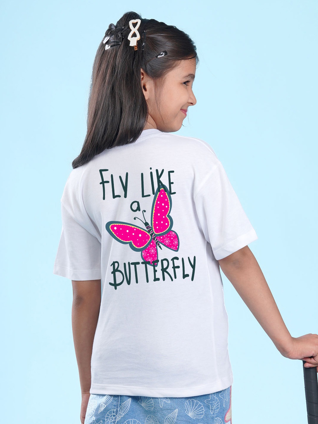 

NUSYL Girls Graphic Printed Round Neck Short Sleeves Oversized T-shirt, White