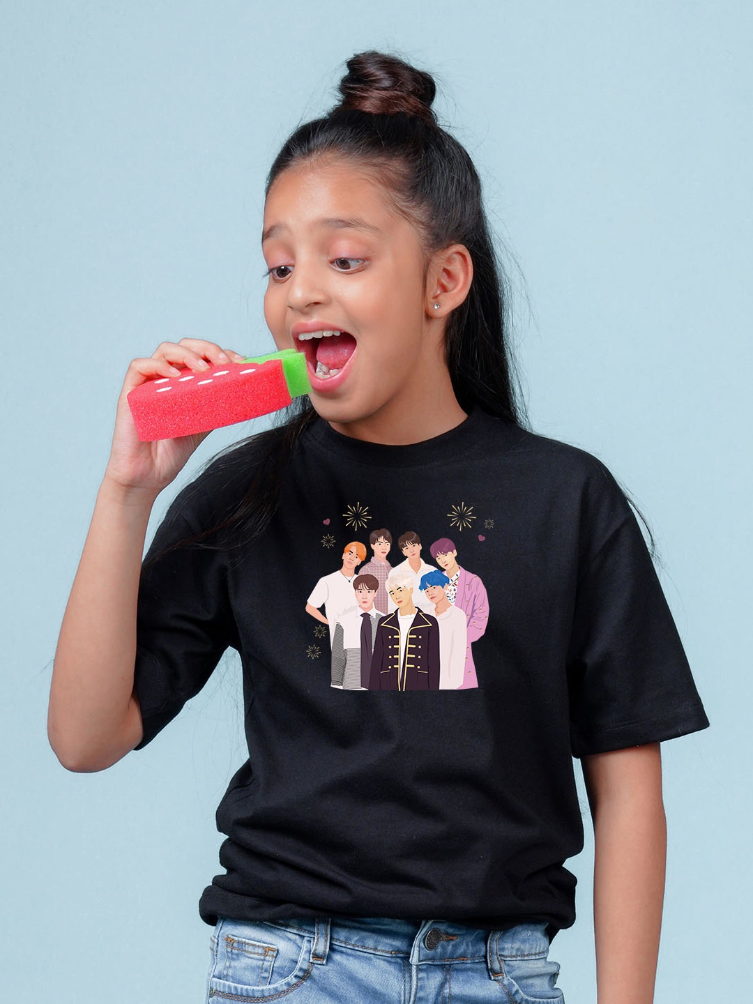 

NUSYL Girls BTS Printed Round Neck Short Sleeves Oversized T-shirt, Black