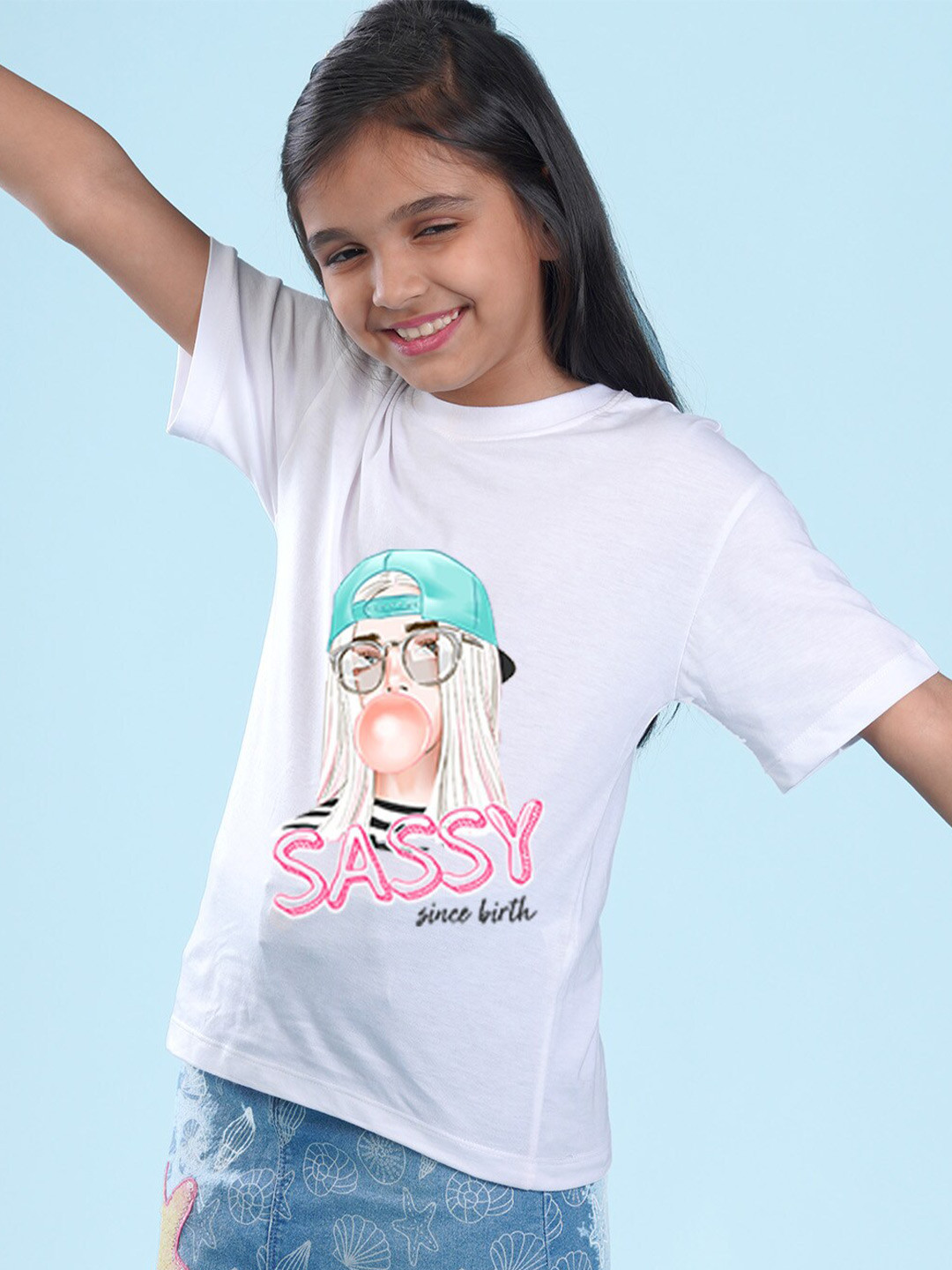 

NUSYL Girls Graphic Printed Round Neck Short Sleeves Oversized T-shirt, White