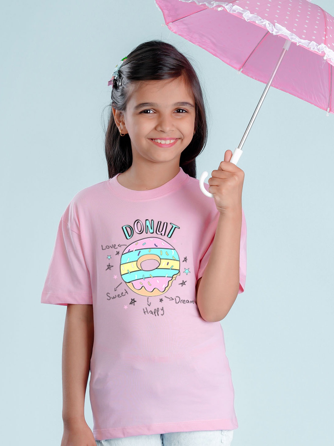 NUSYL Girls Typography Printed Drop-Shoulder Sleeves Oversized T-shirt, Pink