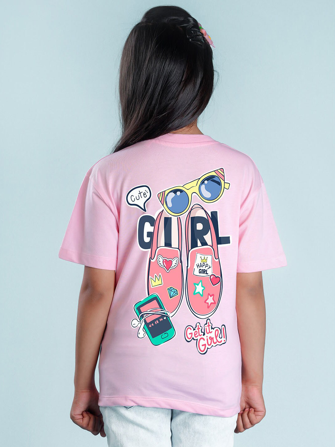 

NUSYL Girls Graphic Printed Drop-Shoulder Sleeves Oversized T-shirt, Pink
