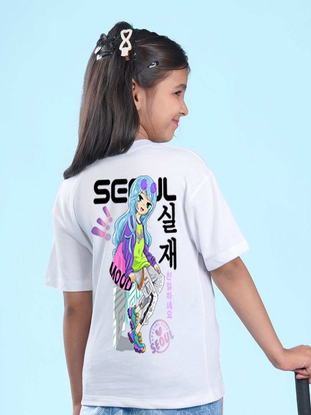 

NUSYL Girls Graphic Printed Drop-Shoulder Sleeves Oversized T-shirt, White