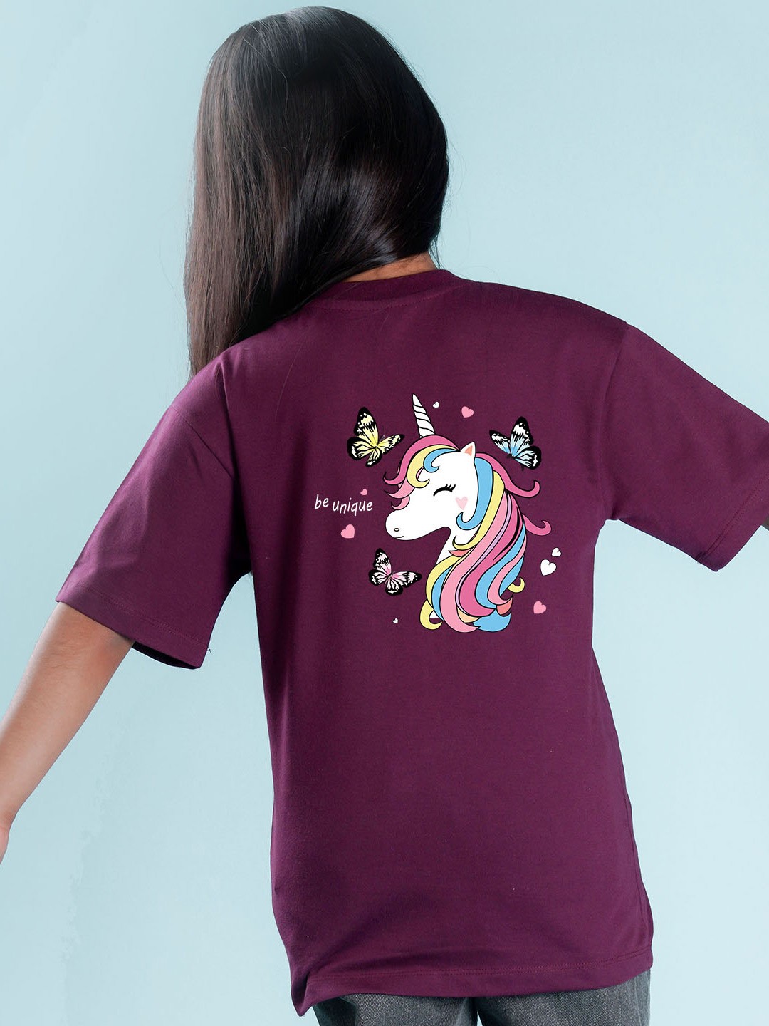

NUSYL Girls Graphic Unicorn Printed Drop-Shoulder Sleeves Oversized T-shirt, Purple