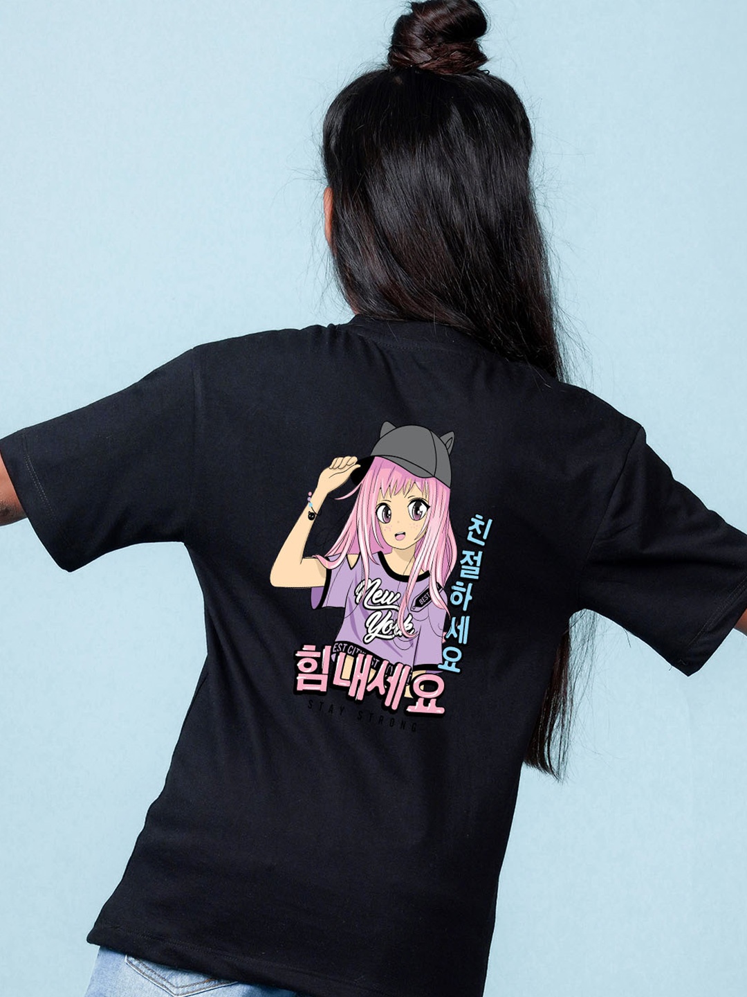 

NUSYL Girls Graphic Printed Drop-Shoulder Sleeves Oversized T-shirt, Black