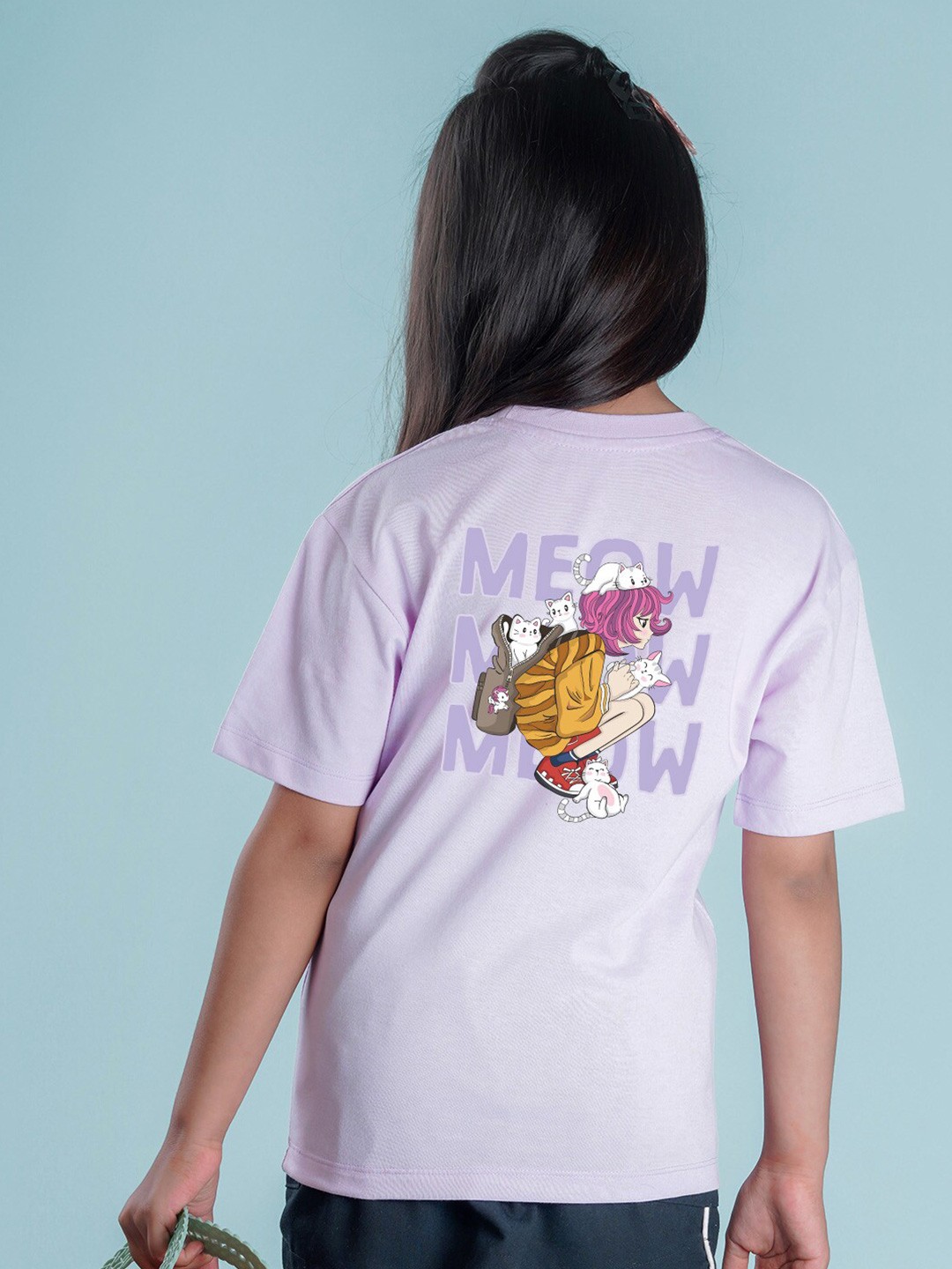 

NUSYL Girls Graphic Printed Drop-Shoulder Sleeves Oversized T-shirt, Purple