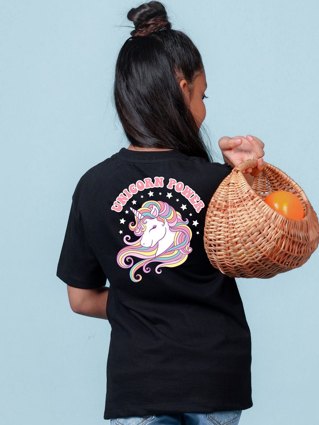 

NUSYL Girls Unicorn Printed Drop-Shoulder Sleeves Oversized T-shirt, Black
