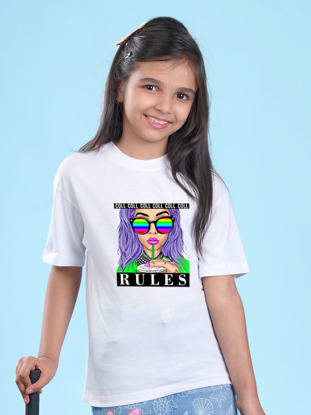

NUSYL Girls Typography Printed Drop-Shoulder Sleeves Oversized T-shirt, White