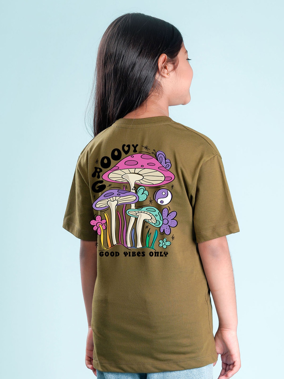 

NUSYL Girls Graphic Printed Oversized T-shirt, Olive