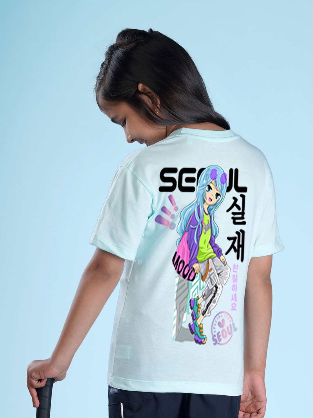 

NUSYL Girls Powder Blue Printed Oversized T-shirt