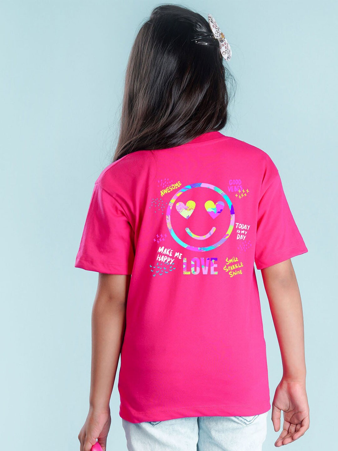 

NUSYL Girls Smile Printed Drop-Shoulder Sleeves Longline Oversized Skating Sports T-shirt, Pink