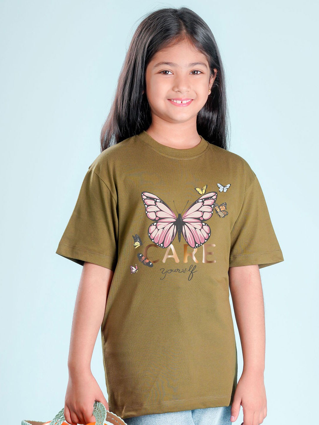 

NUSYL Girls Butterfly Printed Drop-Shoulder Sleeves Longline Oversized T-shirt, Olive