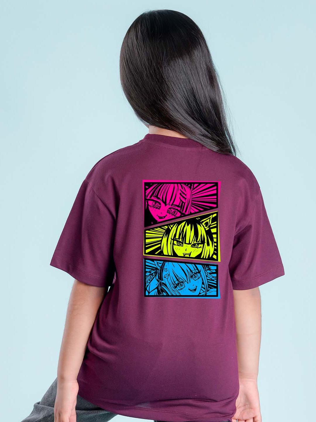 

NUSYL Girls Japanese Anime Printed Oversized T-shirt, Burgundy