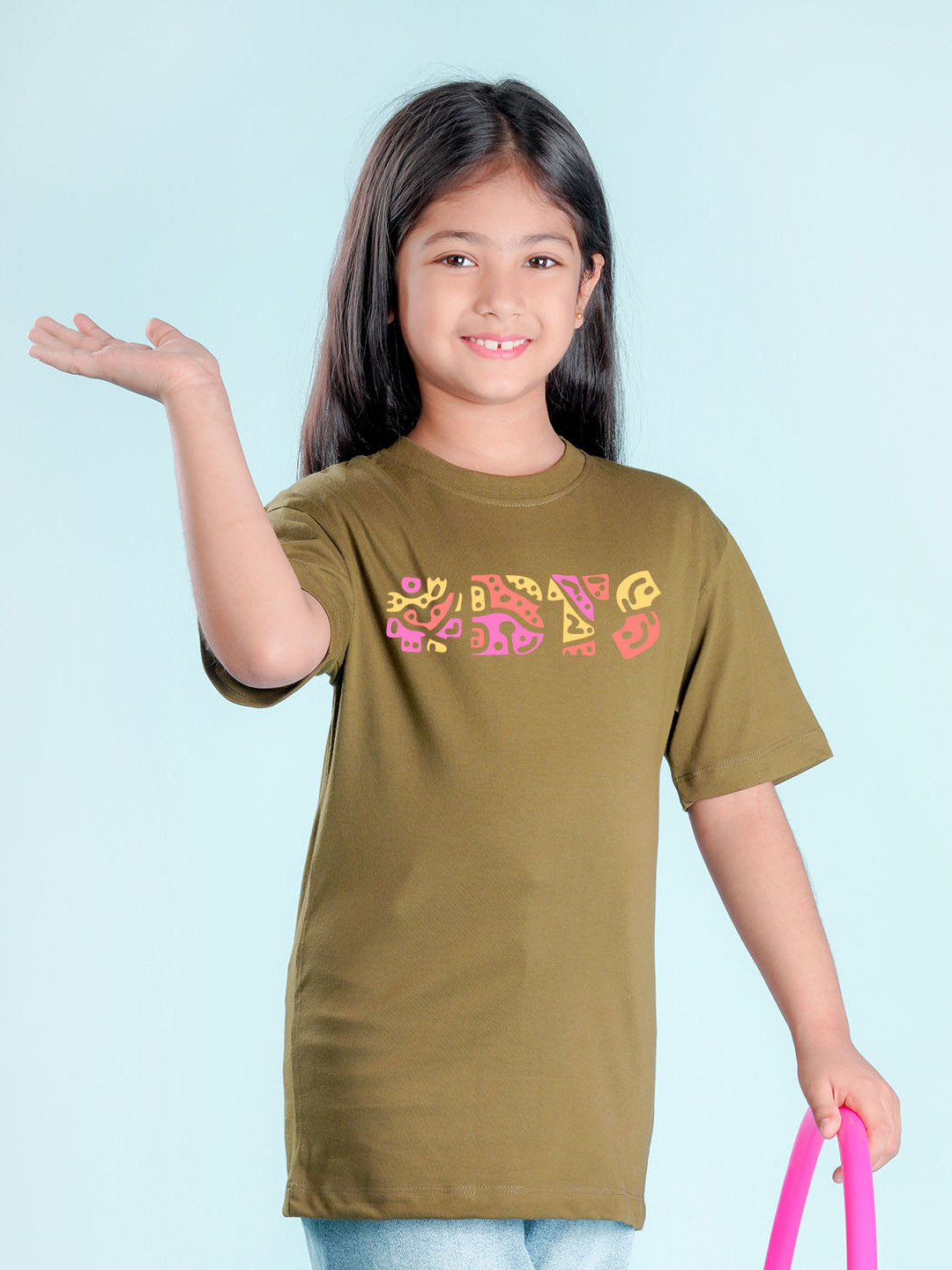 

NUSYL Girls Typography Printed Round Neck Oversized T-shirt, Olive