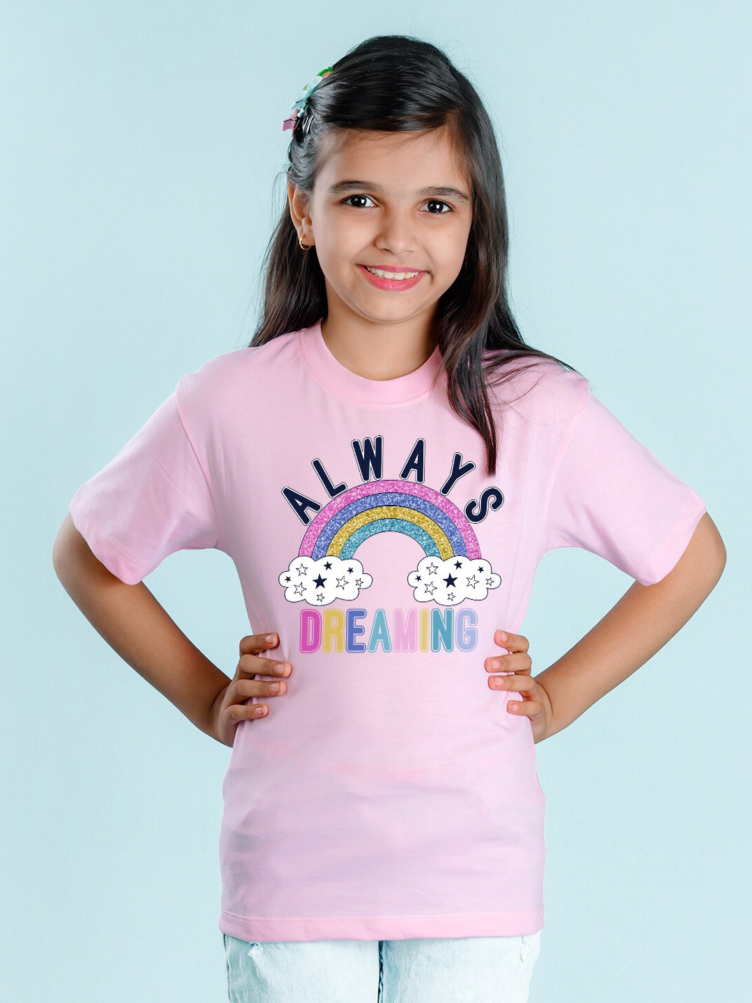 

NUSYL Girls Printed Round Neck Oversized T-shirt, Pink