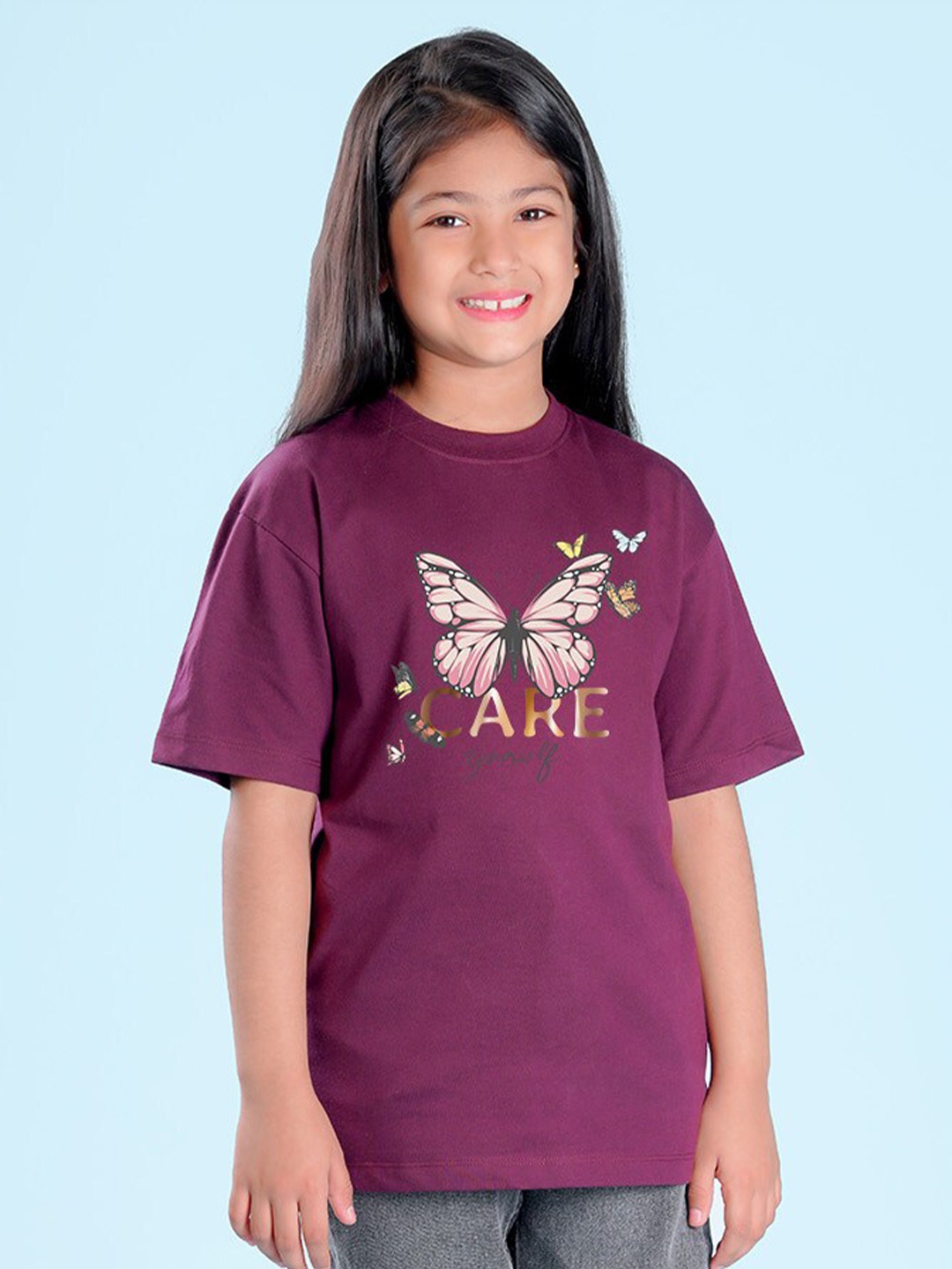 

NUSYL Girls Typography Printed Drop-Shoulder Sleeves Oversized T-shirt, Purple