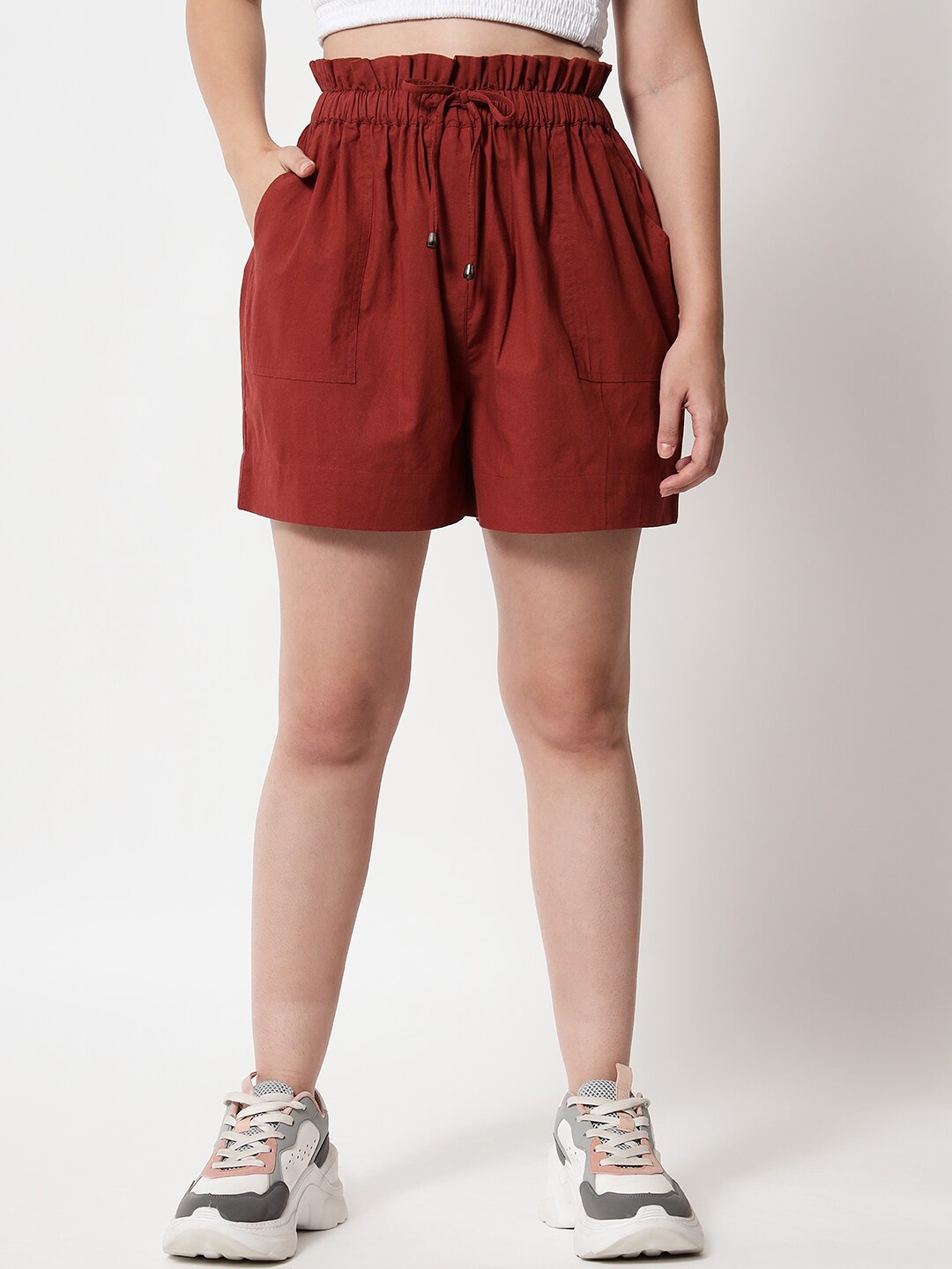 

Chemistry Women High-Rise Cotton Shorts, Maroon