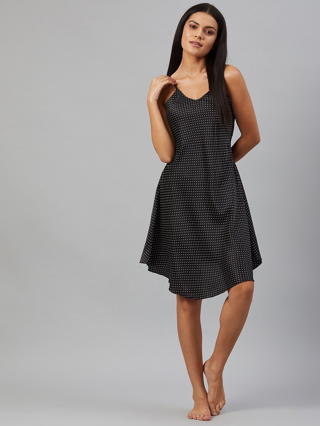 

Chemistry Polka Dots Printed Shoulder Straps Satin Nightdress, Black