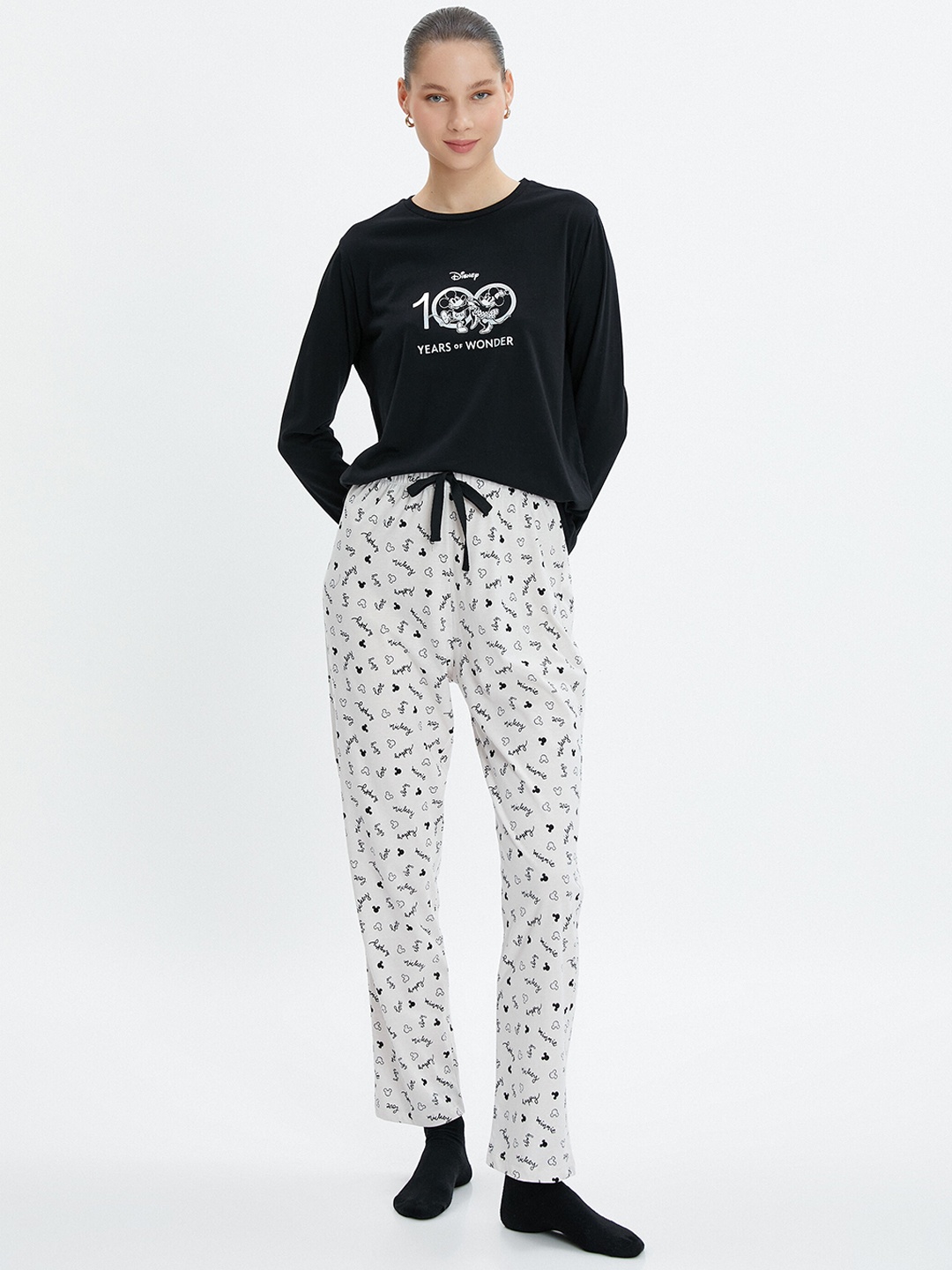 

Koton Mickey & Minnie Printed Pure Cotton T-shirt And Pyjamas, Black