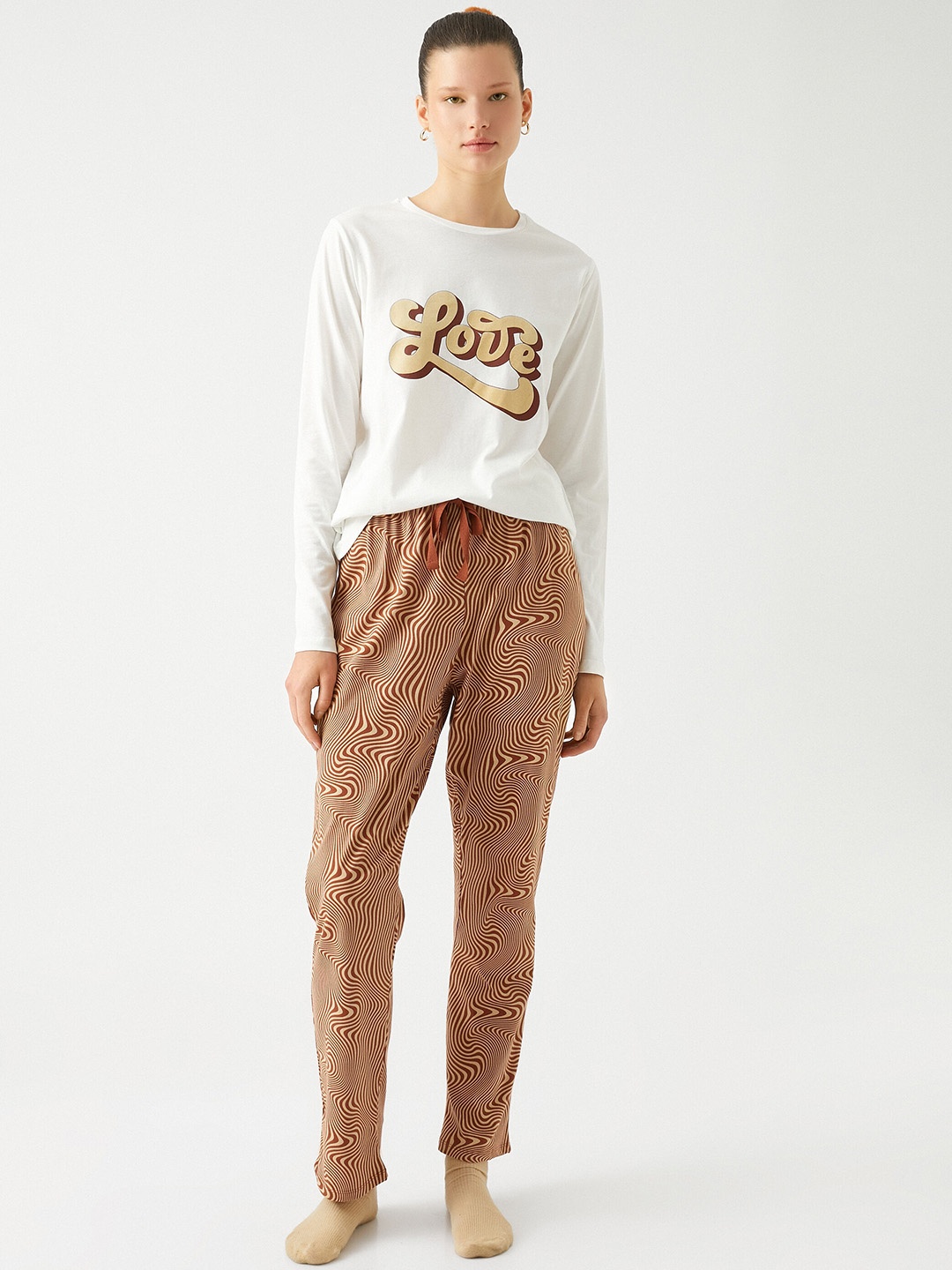 

Koton Typography Printed Round Neck T-shirt With Pyjama, White