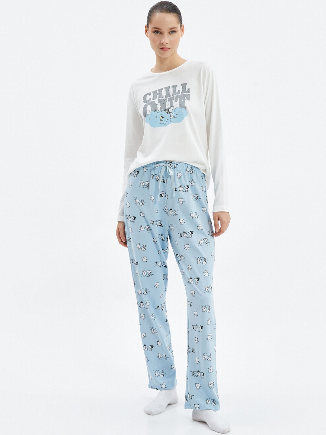 

Koton Graphic Printed Pure Cotton T-Shirt & Lounge Pant, Blue
