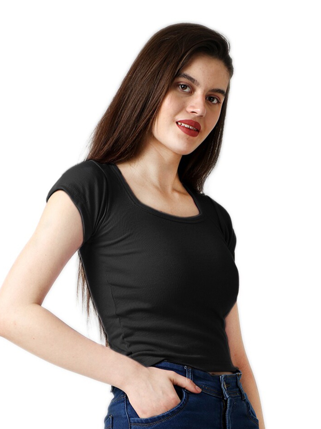 

CareDone Square Neck Crop Fitted Top, Black