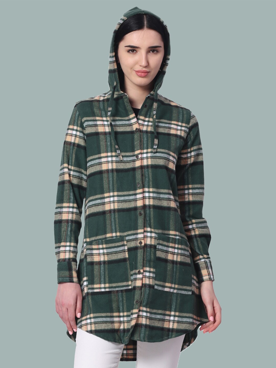 

ZERAC Relaxed Tartan Checks Opaque Cotton Boxy Fit Casual Shirt, Green