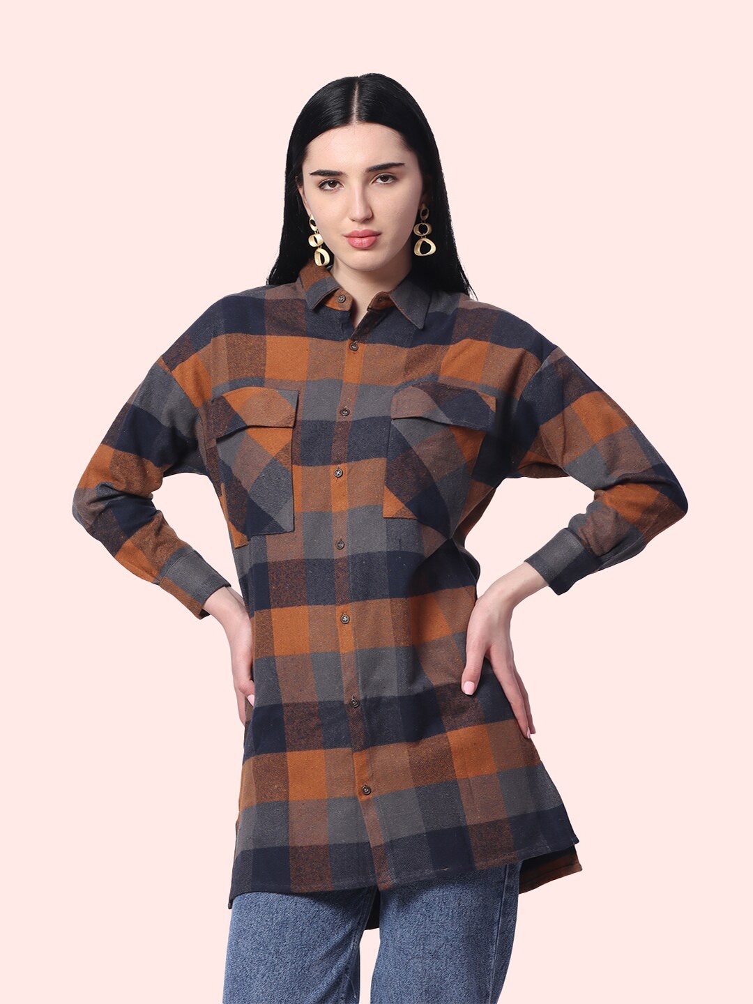 

ZERAC Relaxed Buffalo Checks Opaque Cotton Boxy Fit Casual Shirt, Brown