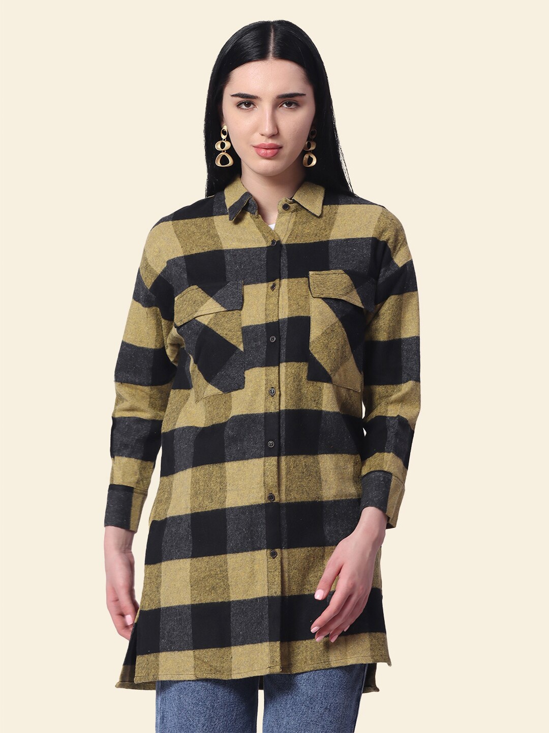 

ZERAC Relaxed Boxy Checked Cotton Flannel Longline Casual Shirt, Yellow