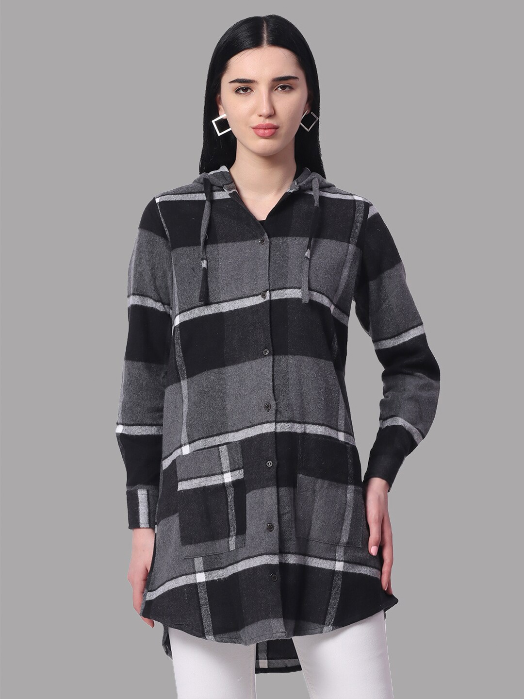 

ZERAC Relaxed Boxy Checked Hooded Cotton Flannel Longline Casual Shirt, Grey