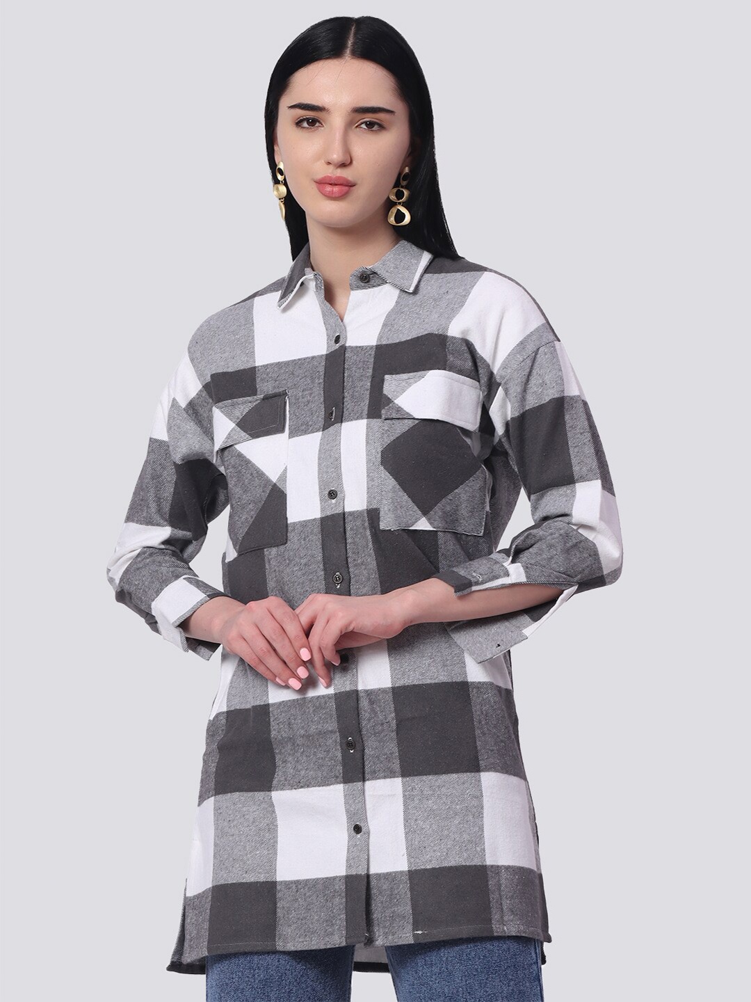 

ZERAC Relaxed Boxy Checked Cotton Flannel Longline Casual Shirt, White