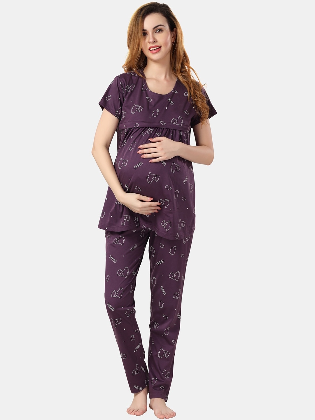 

Fabme Conversational Printed Pure Cotton Maternity and Nursing Top With Pyjamas, Purple