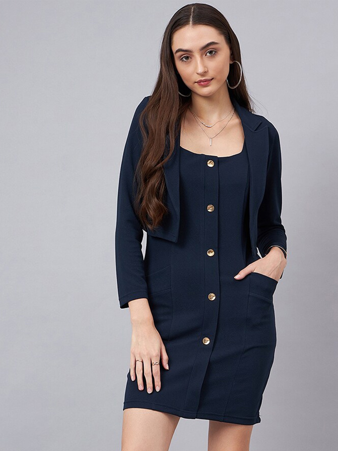 

Chemistry Round Neck Bodycon Mini Dress With Blazer, Navy blue