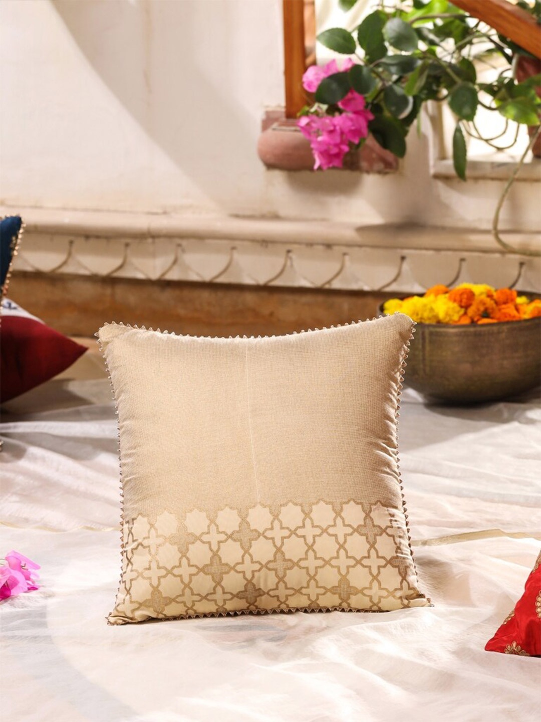 

House of Pataudi Cream-Colored Printed Square Cushion Covers