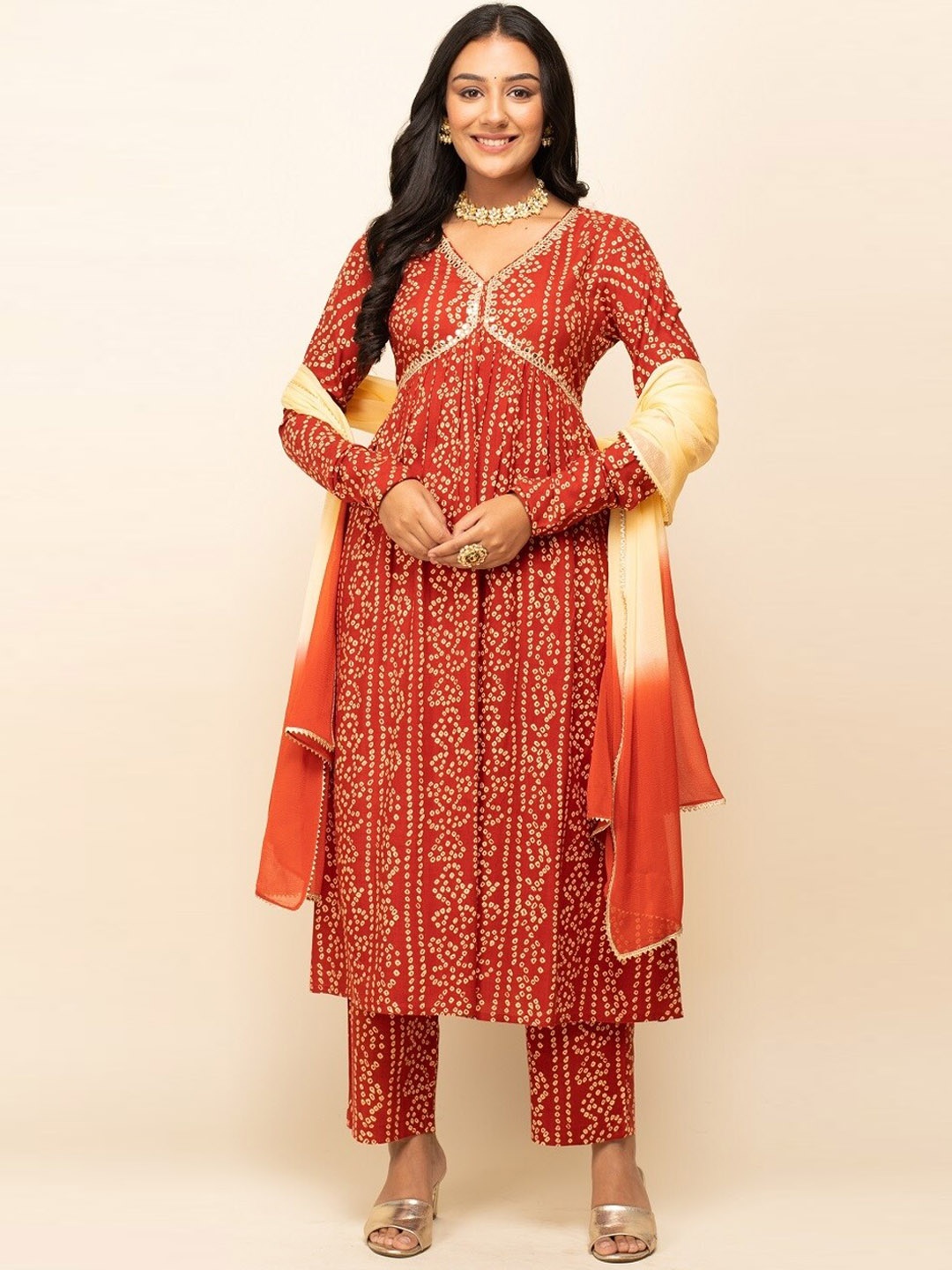 

FIORRA Bandhani Printed Empire Gotta Patti Pure Cotton Kurta & Trousers With Dupatta, Red
