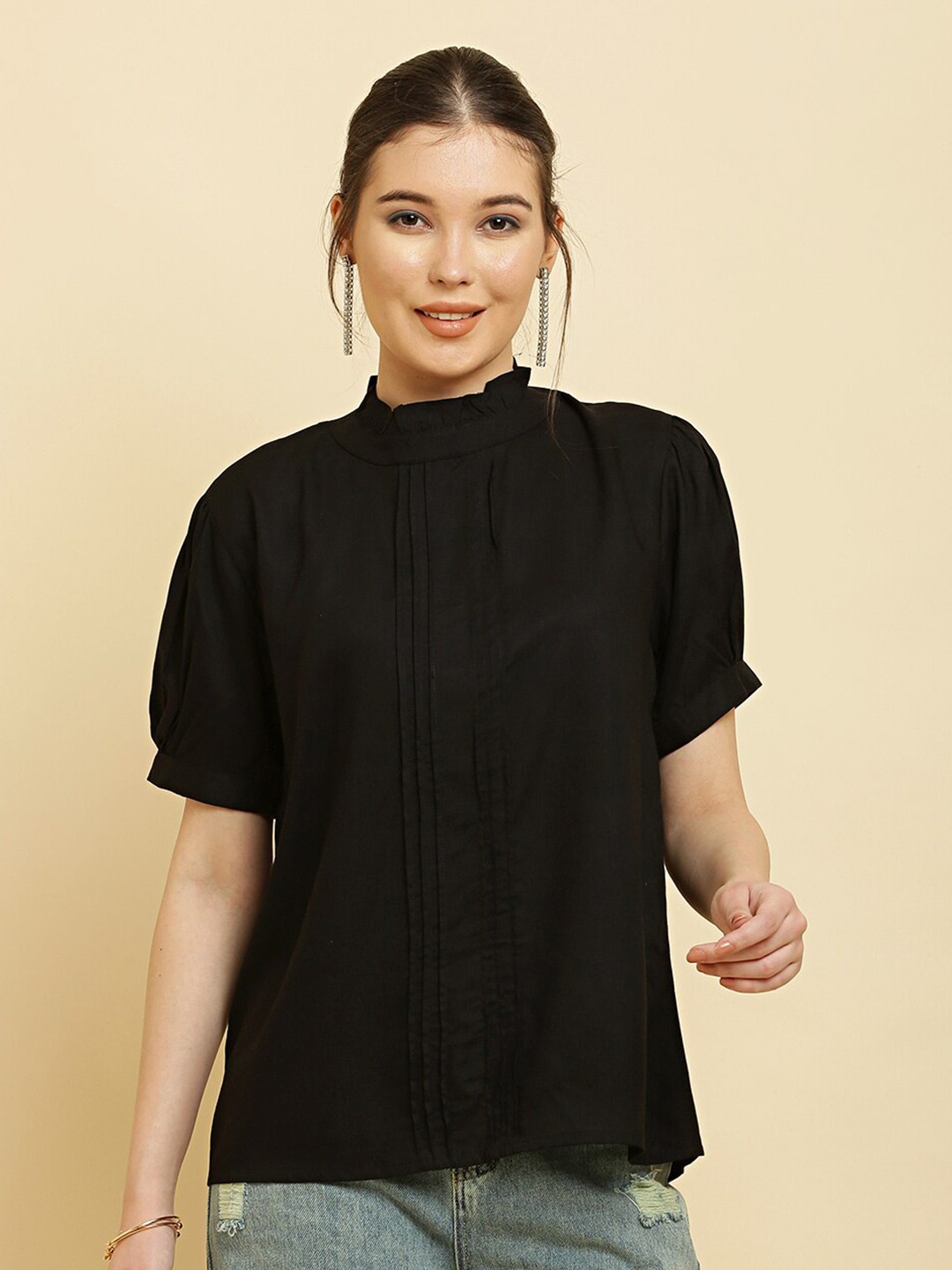 

HERE&NOW Black High Neck Pleated Puff Sleeves Top