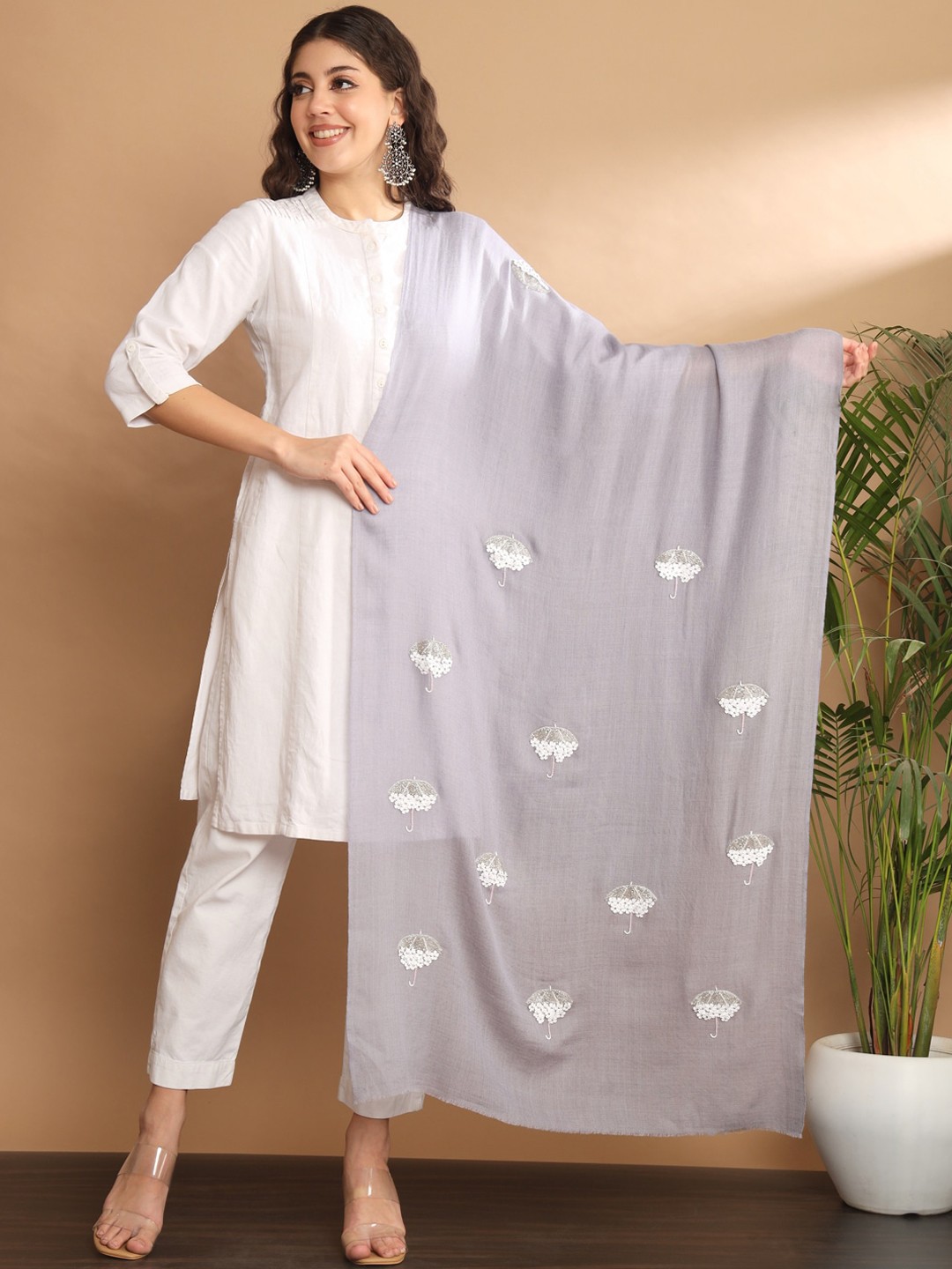 

MODARTA Umbrella Design Embellished Dupatta, Grey